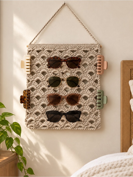 Hand Crafted Other - Handmade Crochet Sunglasses & Hair Clip Wall Organizer Neutral Boho Decor